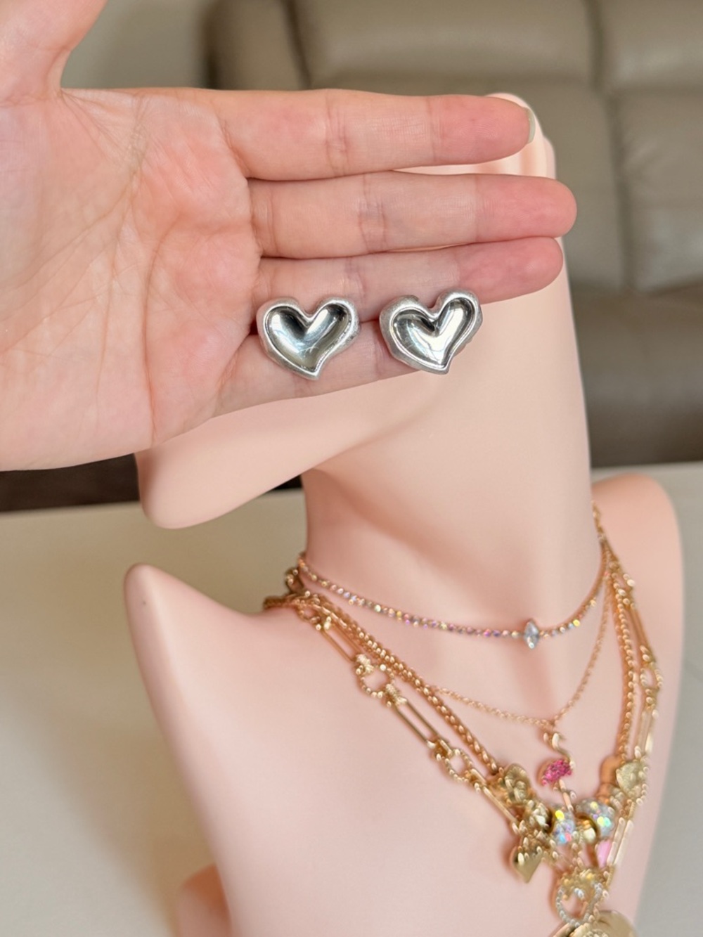 Silver Heart Stud Earrings - Picture 14 of 14